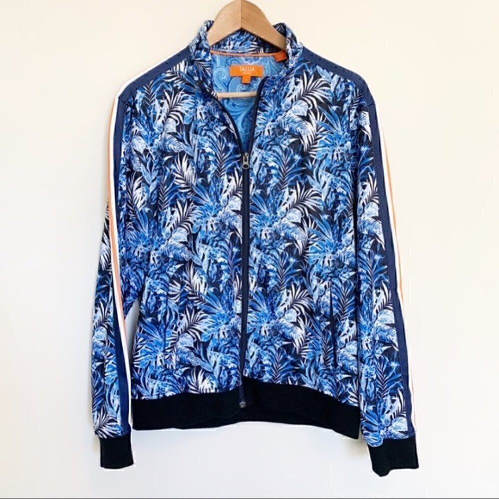 Tallia Sport Blue Tropical Palm Print Full Zip Track Jacket Y2K - Size Small
